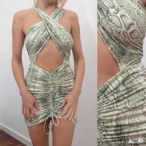 Oh polly python print cut out ruched minidress s